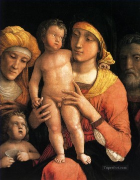 Andrea Mantegna Painting - La sagrada familia con los santos Isabel y el niño Juan Bautista pintor renacentista Andrea Mantegna